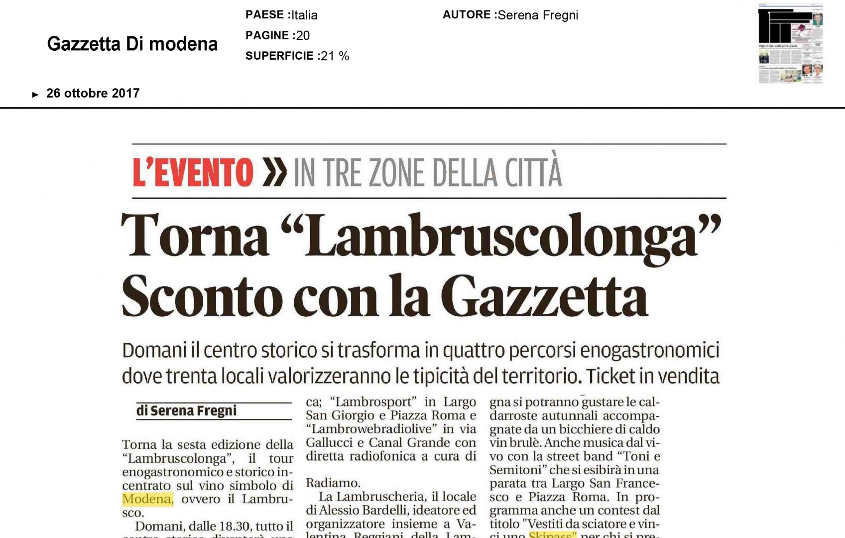 26 Ottobre 2017 - Gazzetta di Modena